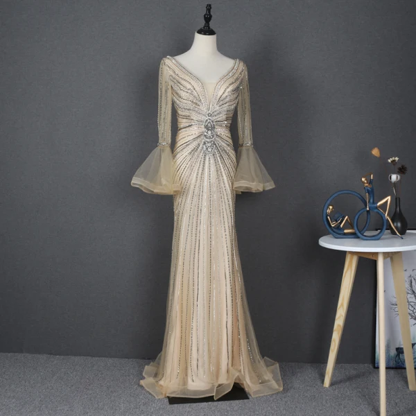 High-end Gold Red Carpet Evening Dresses 2020 Trumpet / Mermaid See-through Deep V-Neck Long Sleeve Bell sleeves Beading Rhinestone Sequins Sweep Train Ruffle Backless Formal Dresses