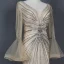 High-end Gold Red Carpet Evening Dresses  2020 Trumpet / Mermaid See-through Deep V-Neck Long Sleeve Bell sleeves Beading Rhinestone Sequins Sweep Train Ruffle Backless Formal Dresses