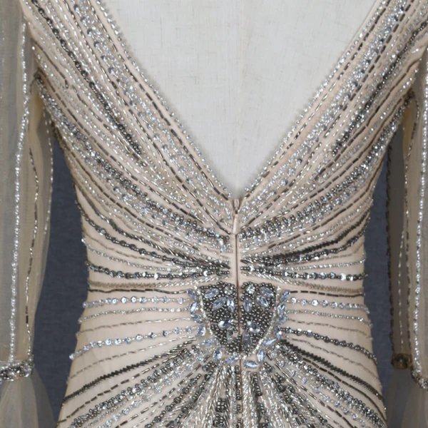 High-end Gold Red Carpet Evening Dresses 2020 Trumpet / Mermaid See-through Deep V-Neck Long Sleeve Bell sleeves Beading Rhinestone Sequins Sweep Train Ruffle Backless Formal Dresses