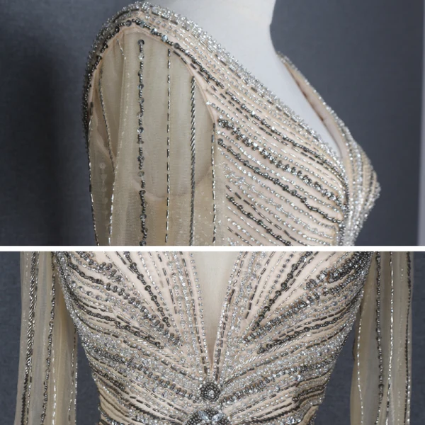 High-end Gold Red Carpet Evening Dresses 2020 Trumpet / Mermaid See-through Deep V-Neck Long Sleeve Bell sleeves Beading Rhinestone Sequins Sweep Train Ruffle Backless Formal Dresses