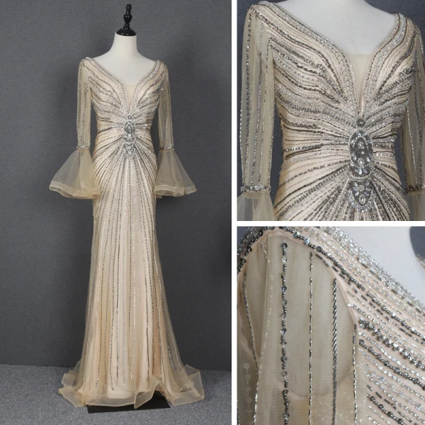 High-end Gold Red Carpet Evening Dresses 2020 Trumpet / Mermaid See-through Deep V-Neck Long Sleeve Bell sleeves Beading Rhinestone Sequins Sweep Train Ruffle Backless Formal Dresses