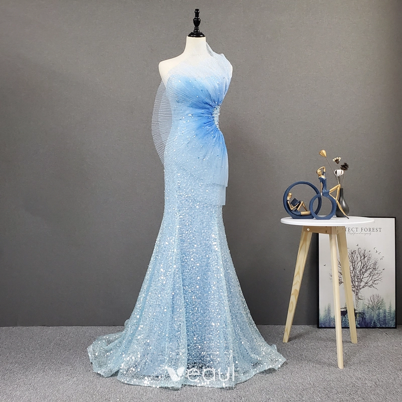 Charming Sky Blue Red Carpet Evening Dresses 2020 Trumpet / Mermaid  Sweetheart Sleeveless Beading Sequins Glitter Tulle Sweep Train Backless  Ruffle Formal Dresses