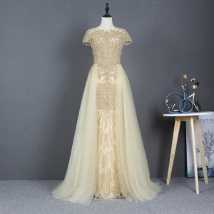 Illusion Jaune Robe De Bal 2020 Princesse Transparentes Encolure Dégagée Manches Courtes Perlage Paillettes Train De Balayage Volants Robe De Ceremonie