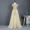 Illusion Yellow Prom Dresses 2020 A-Line / Princess See-through Scoop Neck Short Sleeve Beading Sequins Sweep Train Ruffle Formal Dresses