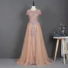 Illusion Yellow Prom Dresses 2020 A-Line / Princess See-through Scoop Neck Short Sleeve Beading Sequins Sweep Train Ruffle Formal Dresses