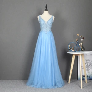 Elegant Sky Blue Dancing Prom Dresses 2020 A Line Princess Deep V Neck Sleeveless Appliques Lace Beading Rhinestone Glitter Tulle Floor Length Long Ruffle Backless Formal Dresses