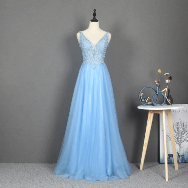 A-line Lace Long Prom Dresses, Appliques Elegant 2020 Long Prom Dresses