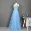 Élégant Bleu Ciel Dansant Robe De Bal 2020 Princesse Col v profond Sans Manches Appliques En Dentelle Perlage Faux Diamant Glitter Tulle Longue Volants Dos Nu Robe De Ceremonie