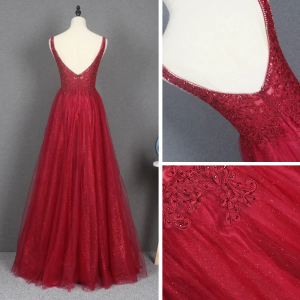 Élégant Bleu Ciel Dansant Robe De Bal 2020 Princesse Col v profond Sans Manches Appliques En Dentelle Perlage Faux Diamant Glitter Tulle Longue Volants Dos Nu Robe De Ceremonie