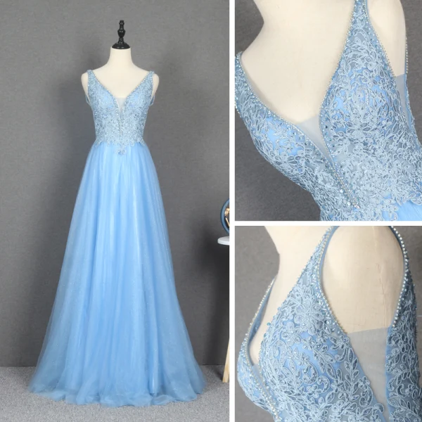 Élégant Bleu Ciel Dansant Robe De Bal 2020 Princesse Col v profond Sans Manches Appliques En Dentelle Perlage Faux Diamant Glitter Tulle Longue Volants Dos Nu Robe De Ceremonie