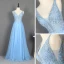 Élégant Bleu Ciel Dansant Robe De Bal 2020 Princesse Col v profond Sans Manches Appliques En Dentelle Perlage Faux Diamant Glitter Tulle Longue Volants Dos Nu Robe De Ceremonie