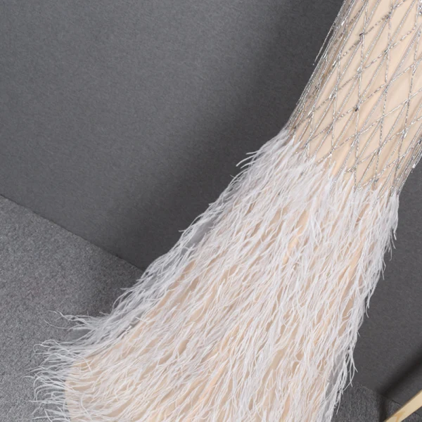 Illusion Champagne Transparentes Tapis rouge Robe De Soirée 2020 Trompette / Sirène Encolure Dégagée Sans Manches Perlage Faux Diamant Plumes Train De Balayage Volants Robe De Ceremonie