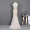 Illusion Champagne See-through Red Carpet Evening Dresses  2020 Trumpet / Mermaid Scoop Neck Sleeveless Beading Rhinestone Feather Sweep Train Ruffle Formal Dresses