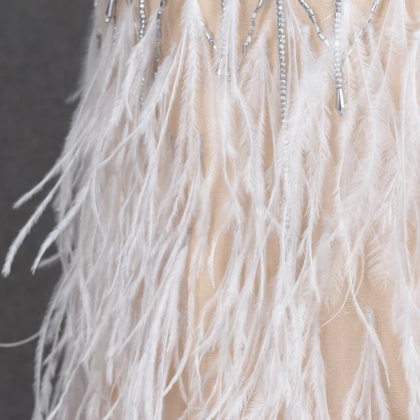 Illusion Champagne Transparentes Tapis rouge Robe De Soirée 2020 Trompette / Sirène Encolure Dégagée Sans Manches Perlage Faux Diamant Plumes Train De Balayage Volants Robe De Ceremonie