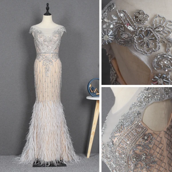 Illusion Champagne Transparentes Tapis rouge Robe De Soirée 2020 Trompette / Sirène Encolure Dégagée Sans Manches Perlage Faux Diamant Plumes Train De Balayage Volants Robe De Ceremonie