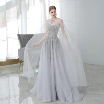 High End Grey Prom Dresses With Shawl 2020 A Line Princess Sweetheart Sleeveless Beading Sequins Sweep Train Ruffle Backless Formal Dresses