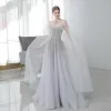 High-end Grey Prom Dresses With Shawl 2020 A-Line / Princess Sweetheart Sleeveless Beading Sequins Sweep Train Ruffle Backless Formal Dresses