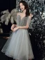 Fashion Grey Homecoming Graduation Dresses 2020 A-Line / Princess V-Neck Spaghetti Straps Sleeveless Beading Tassel Glitter Star Sequins Knee-Length Ruffle Backless Formal Dresses