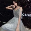 Fashion Grey Homecoming Graduation Dresses 2020 A-Line / Princess V-Neck Spaghetti Straps Sleeveless Beading Tassel Glitter Star Sequins Knee-Length Ruffle Backless Formal Dresses