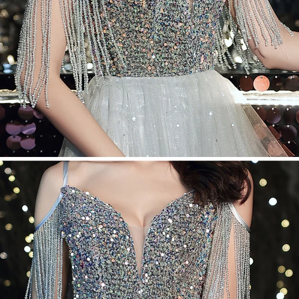 Fashion Grey Homecoming Graduation Dresses 2020 A-Line / Princess V-Neck Spaghetti Straps Sleeveless Beading Tassel Glitter Star Sequins Knee-Length Ruffle Backless Formal Dresses