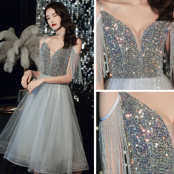 Fashion Grey Homecoming Graduation Dresses 2020 A-Line / Princess V-Neck Spaghetti Straps Sleeveless Beading Tassel Glitter Star Sequins Knee-Length Ruffle Backless Formal Dresses