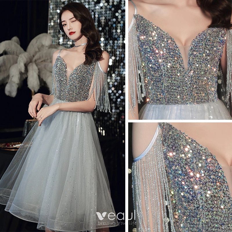 Fashion Grey Homecoming Graduation Dresses 2020 A-Line / Princess V-Neck  Spaghetti Straps Sleeveless Beading Tassel Glitter Star Sequins Knee-Length  Ruffle Backless Formal Dresses