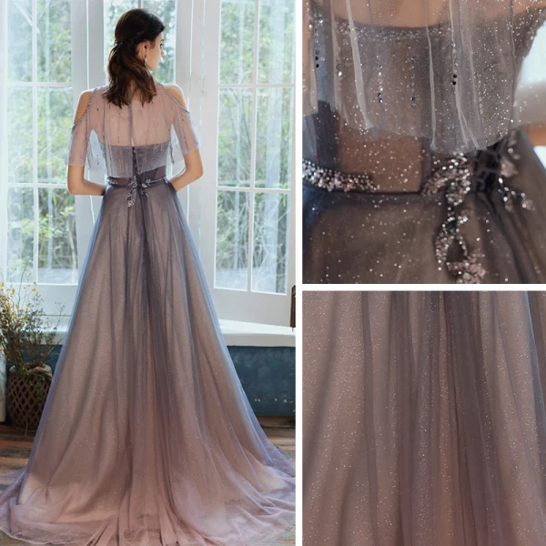 High End Marineblau Ballkleider Mit Schal 2020 A Linie Bandeau Ärmellos Perlenstickerei Glanz Tülle Sweep / Pinsel Zug Rüschen Rückenfreies Festliche Kleider