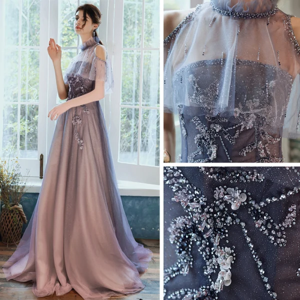 High End Marineblau Ballkleider Mit Schal 2020 A Linie Bandeau Ärmellos Perlenstickerei Glanz Tülle Sweep / Pinsel Zug Rüschen Rückenfreies Festliche Kleider