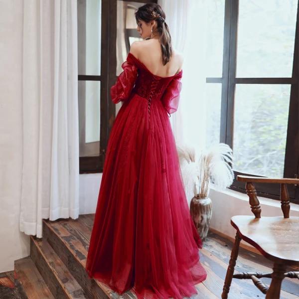 Vintage / Retro Burgundy Dancing Prom Dresses 2020 A-Line / Princess Off-The-Shoulder Puffy 3/4 Sleeve Appliques Lace Beading Floor-Length / Long Ruffle Backless