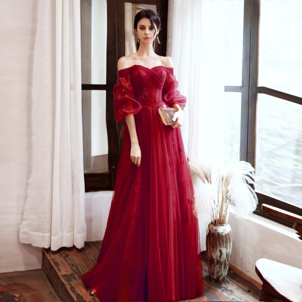 Vintage / Retro Burgundy Dancing Prom Dresses 2020 A-Line / Princess Off-The-Shoulder Puffy 3/4 Sleeve Appliques Lace Beading Floor-Length / Long Ruffle Backless