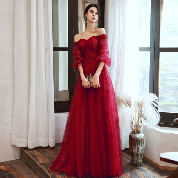 Vintage / Retro Burgundy Dancing Prom Dresses 2020 A-Line / Princess Off-The-Shoulder Puffy 3/4 Sleeve Appliques Lace Beading Floor-Length / Long Ruffle Backless