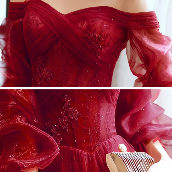 Vintage / Retro Burgundy Dancing Prom Dresses 2020 A-Line / Princess Off-The-Shoulder Puffy 3/4 Sleeve Appliques Lace Beading Floor-Length / Long Ruffle Backless