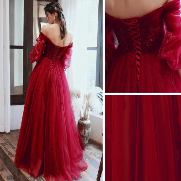 Vintage / Retro Burgundy Dancing Prom Dresses 2020 A-Line / Princess Off-The-Shoulder Puffy 3/4 Sleeve Appliques Lace Beading Floor-Length / Long Ruffle Backless