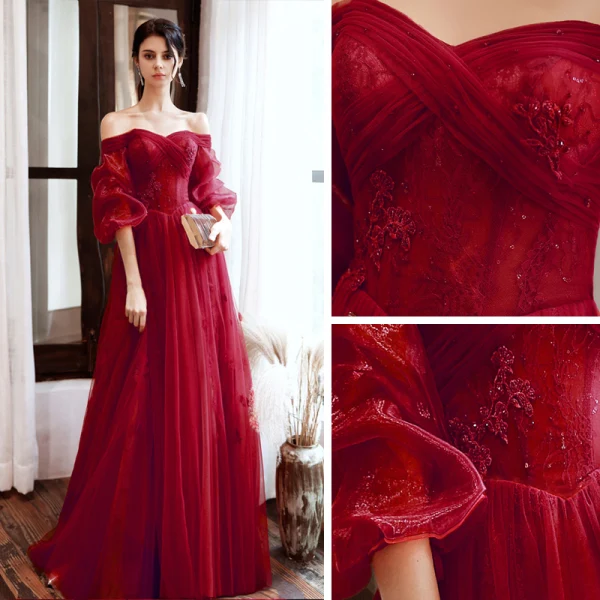 Vintage / Retro Burgundy Dancing Prom Dresses 2020 A-Line / Princess Off-The-Shoulder Puffy 3/4 Sleeve Appliques Lace Beading Floor-Length / Long Ruffle Backless