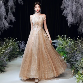 Charming Gold Dancing Prom Dresses 2020 A Line Princess Strapless Sleeveless Beading Glitter Tulle Floor Length Long Ruffle Backless Formal Dresses