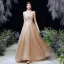 Charming Gold Dancing Prom Dresses 2020 A-Line / Princess Strapless Sleeveless Beading Glitter Tulle Floor-Length / Long Ruffle Backless Formal Dresses