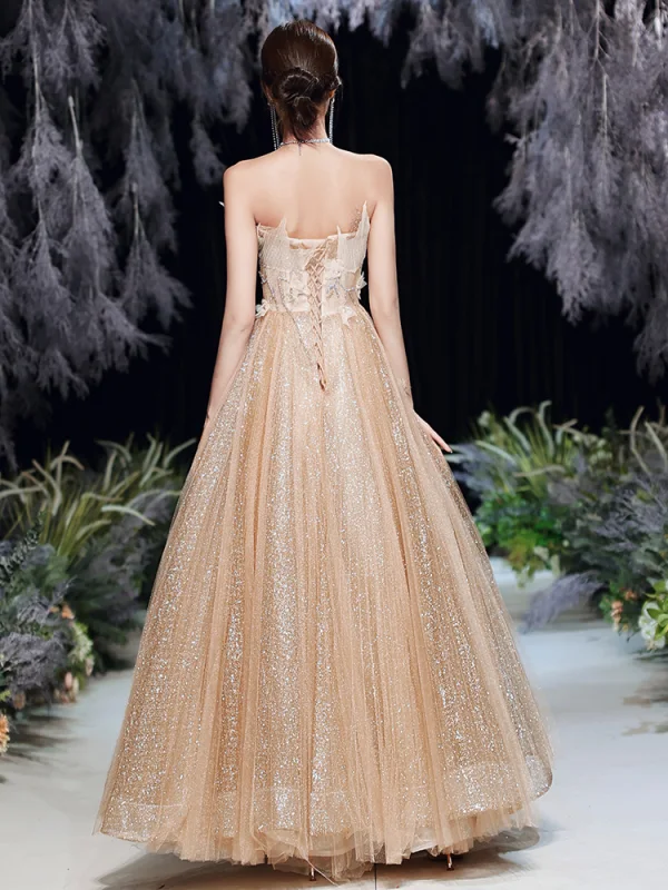 Charming Gold Dancing Prom Dresses 2020 A-Line / Princess Strapless Sleeveless Beading Glitter Tulle Floor-Length / Long Ruffle Backless Formal Charming Gold Dancing Prom Dresses 2020 A-Line / Princess Strapless Sleeveless Beading Glitter Tulle Floor-Length / Long Ruffle Backless Formal