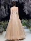 Charming Gold Dancing Prom Dresses 2020 A-Line / Princess Strapless Sleeveless Beading Glitter Tulle Floor-Length / Long Ruffle Backless Formal Dresses