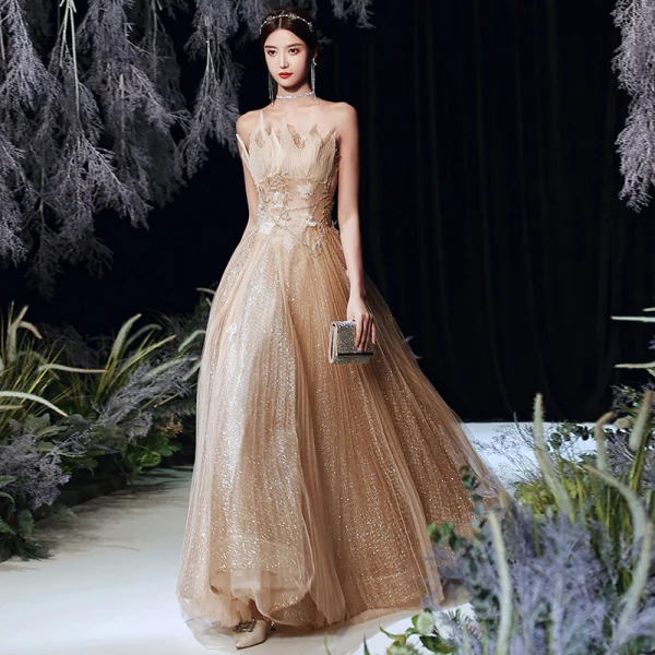 Charming Gold Dancing Prom Dresses 2020 A-Line / Princess Strapless Sleeveless Beading Glitter Tulle Floor-Length / Long Ruffle Backless Formal Dresses