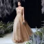 Charming Gold Dancing Prom Dresses 2020 A-Line / Princess Strapless Sleeveless Beading Glitter Tulle Floor-Length / Long Ruffle Backless Formal Dresses