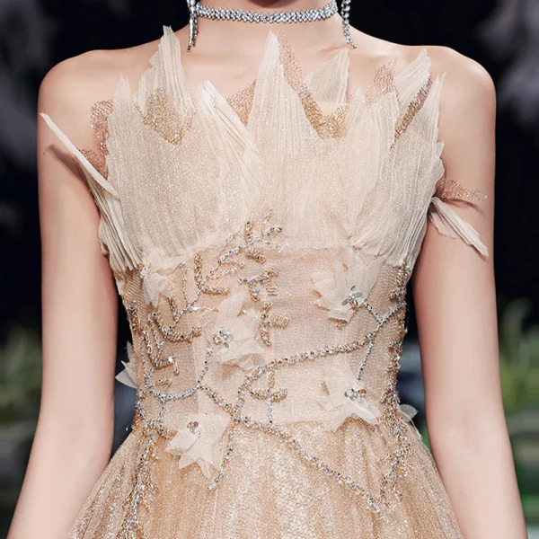 Charming Gold Dancing Prom Dresses 2020 A-Line / Princess Strapless Sleeveless Beading Glitter Tulle Floor-Length / Long Ruffle Backless Formal Dresses