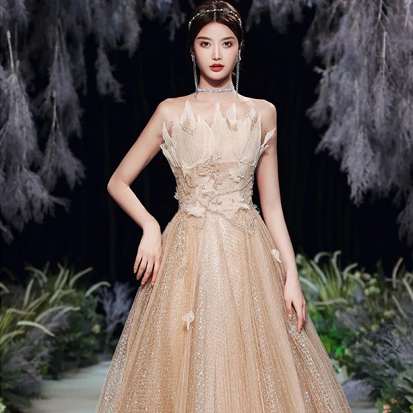 Charming Gold Dancing Prom Dresses 2020 A-Line / Princess Strapless Sleeveless Beading Glitter Tulle Floor-Length / Long Ruffle Backless Formal Dresses