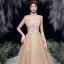 Charming Gold Dancing Prom Dresses 2020 A-Line / Princess Strapless Sleeveless Beading Glitter Tulle Floor-Length / Long Ruffle Backless Formal Dresses