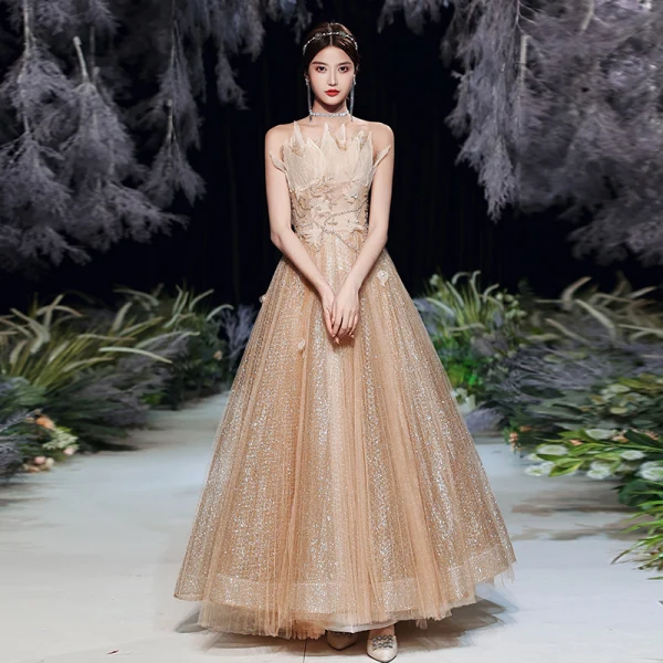 Charming Gold Dancing Prom Dresses 2020 A-Line / Princess Strapless Sleeveless Beading Glitter Tulle Floor-Length / Long Ruffle Backless Formal Dresses