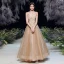 Charming Gold Dancing Prom Dresses 2020 A-Line / Princess Strapless Sleeveless Beading Glitter Tulle Floor-Length / Long Ruffle Backless Formal Dresses