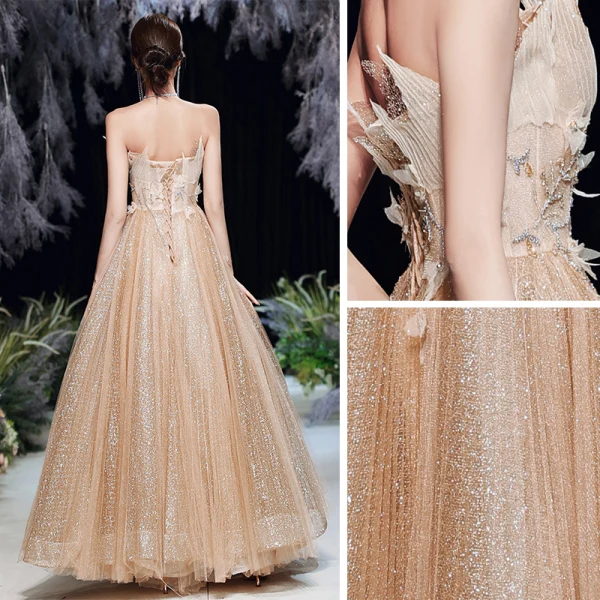 Charming Gold Dancing Prom Dresses 2020 A-Line / Princess Strapless Sleeveless Beading Glitter Tulle Floor-Length / Long Ruffle Backless Formal Dresses
