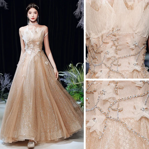 Charming Gold Dancing Prom Dresses 2020 A-Line / Princess Strapless Sleeveless Beading Glitter Tulle Floor-Length / Long Ruffle Backless Formal Dresses