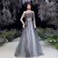 Illusion Grå Genomskinliga Balklänningar 2020 Prinsessa Axelbandslös Ärmlös Beading Glittriga / Glitter Tyll Svep Tåg Ruffle Halterneck Formella Klänningar