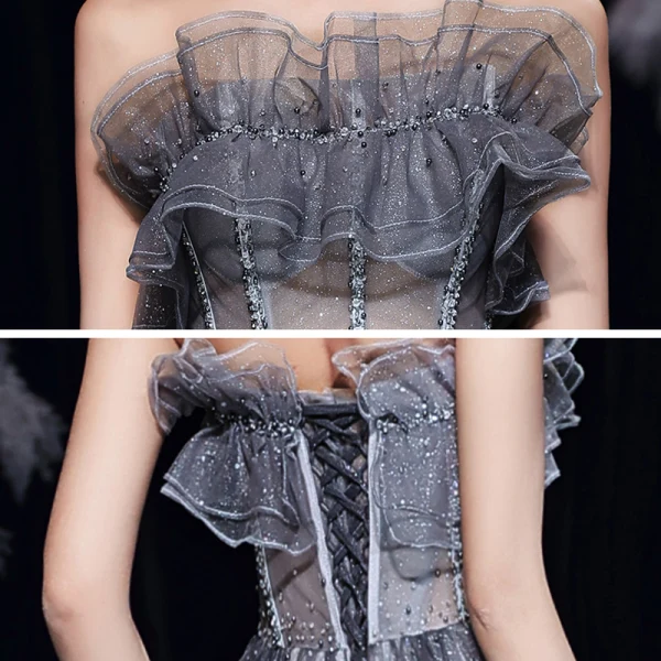 Illusion Grå Genomskinliga Balklänningar 2020 Prinsessa Axelbandslös Ärmlös Beading Glittriga / Glitter Tyll Svep Tåg Ruffle Halterneck Formella Klänningar