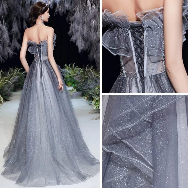 Illusion Grå Genomskinliga Balklänningar 2020 Prinsessa Axelbandslös Ärmlös Beading Glittriga / Glitter Tyll Svep Tåg Ruffle Halterneck Formella Klänningar
